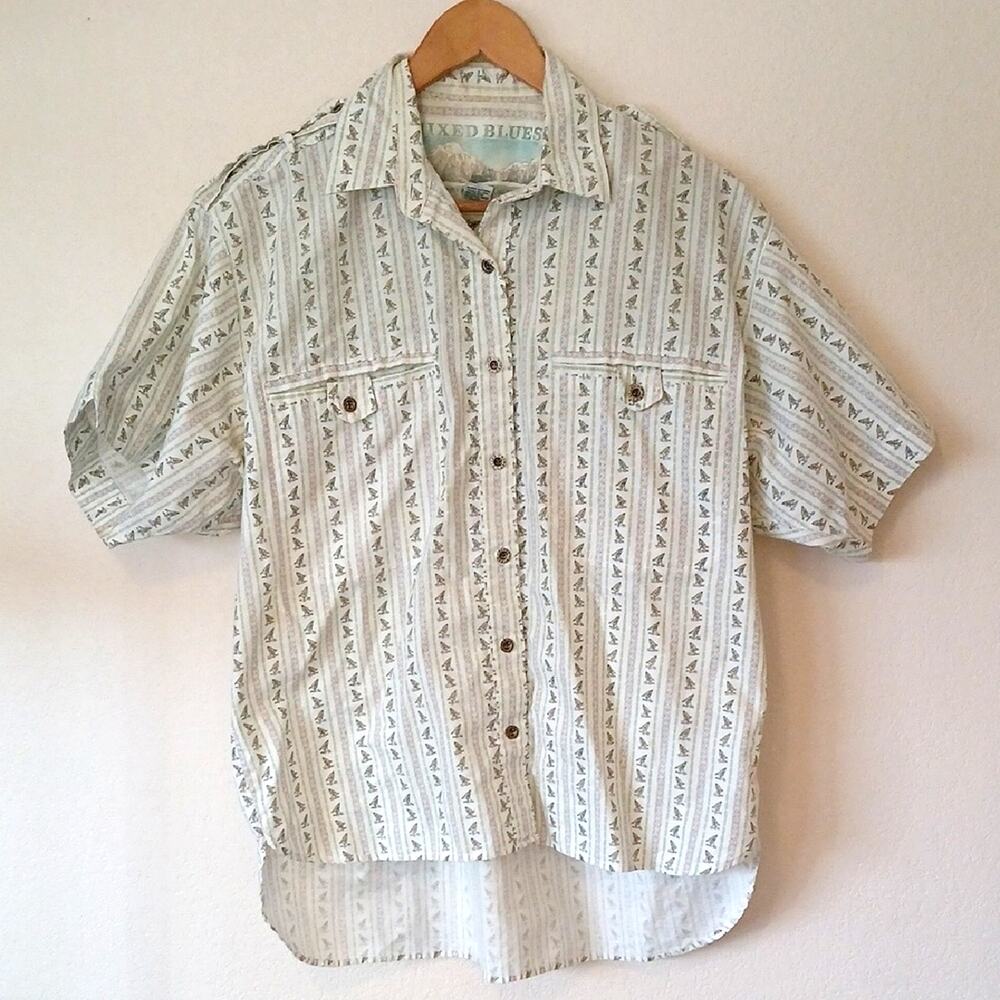 Vintage Mixed Blues High Low Windsurf Print Button Up Short Sleeve Shirt